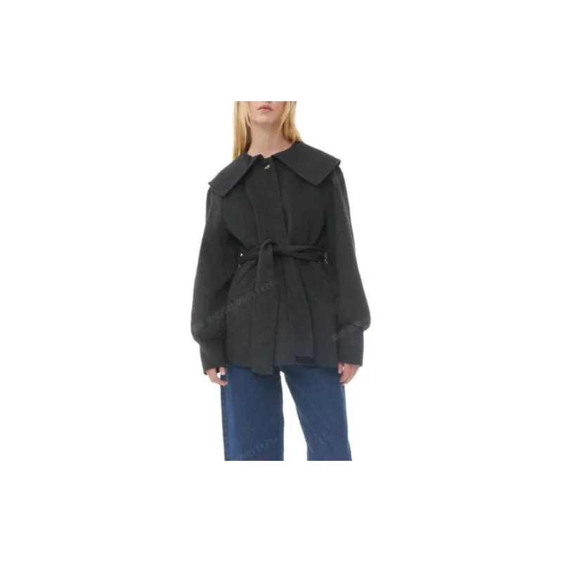 GANNI Wool Big Collar Belt Jacket 'Petrified Oak'-3