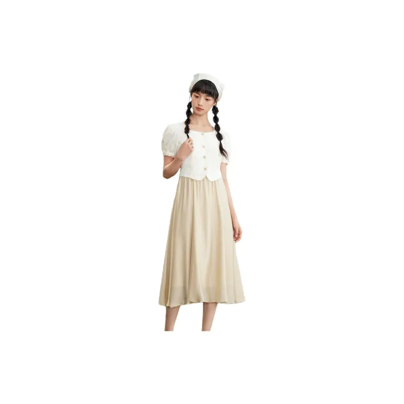 ZIHAN Short Sleeved Dress Women's Beige With Embroidery-1