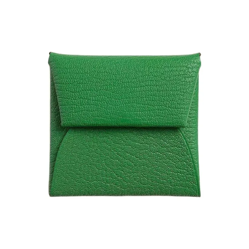 HERMES Bastia Mysore Goat Skin Coin Purse Women's Bamboo Green With Soft Pink-0