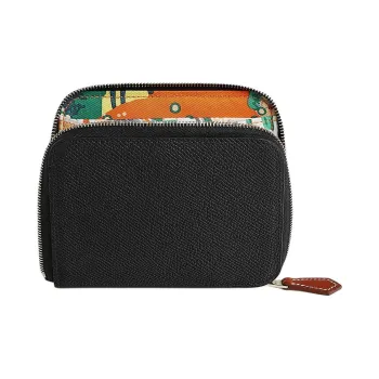 HERMES Silk'In Epsom With Barenia Calfskin Wallet Women's Black/Orange/Gray