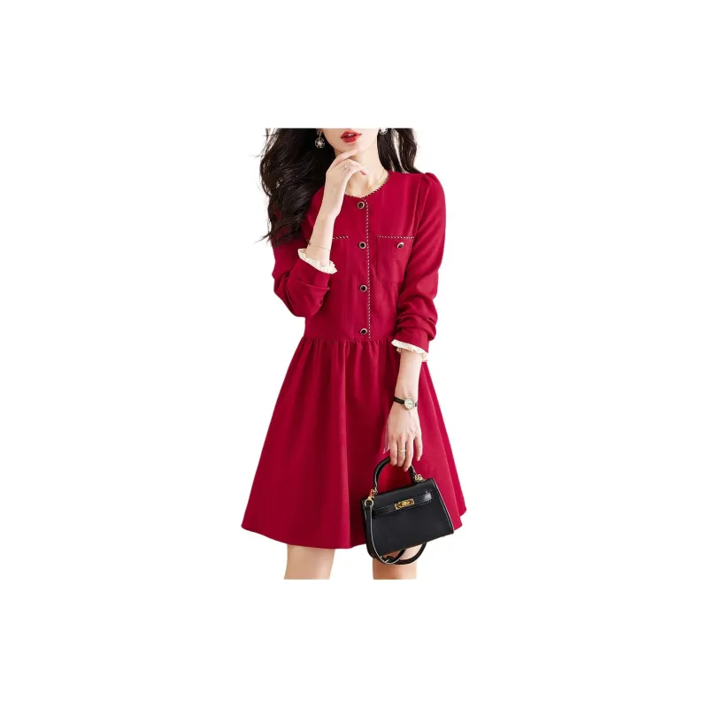 Still Quiet Long Sleeved Dress Women's Red-3