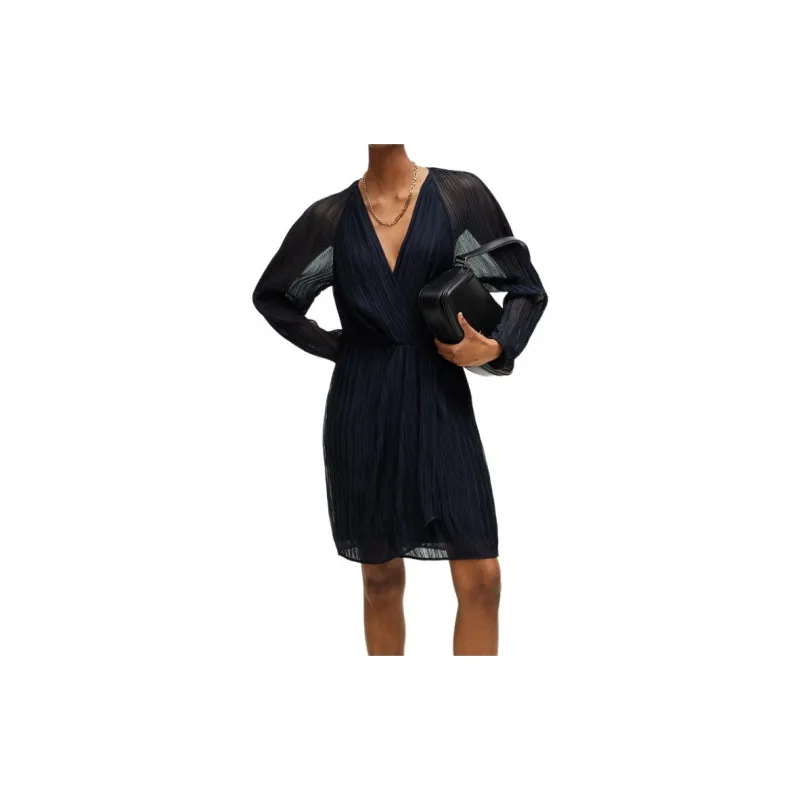 HUGO BOSS Wrap-Front Dress With Drape Details Long-Sleeved Dresses Women's Dark Blue-1