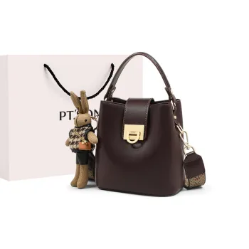 PT'SON Cow Leather With Synthetic Leather Bucket Bag, Shoulder Bag, Crossbody Bag, Handbag Women's Coffee