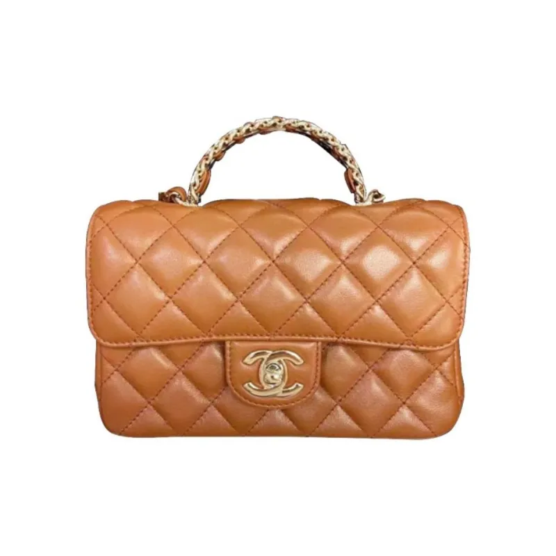 CHANEL Lambskin Chain Bag, Shoulder Bag, Crossbody Bag Mini Women's Light Orange Brown-0
