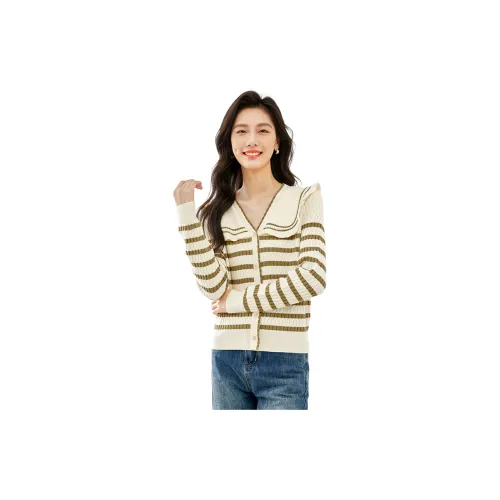 VIMLY Knitwear Women's Apricot Green Stripes