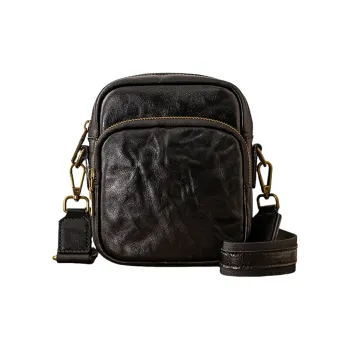 Back Step Top Grain Vegetable Tanned Cow Leather Genuine Leather Shoulder Bag, Crossbody Bag Unisex Black