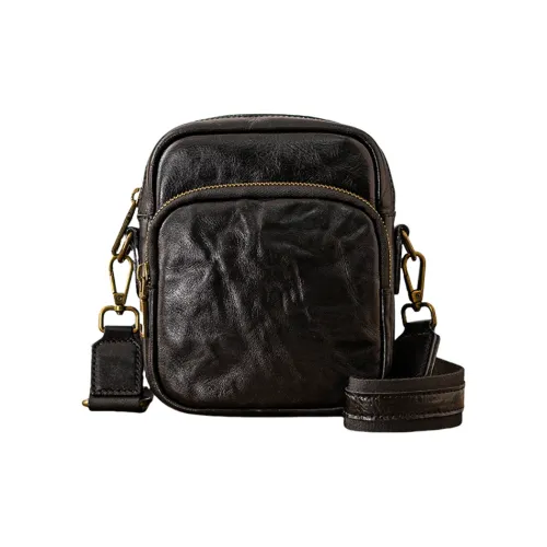 Back Step Top Grain Vegetable Tanned Cow Leather Genuine Leather Shoulder Bag, Crossbody Bag Unisex Black