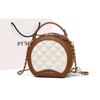 PT'SON Cow Leather With Synthetic Leather Handbag, Shoulder Bag, Crossbody Bag Regular Women's Beige White Brown