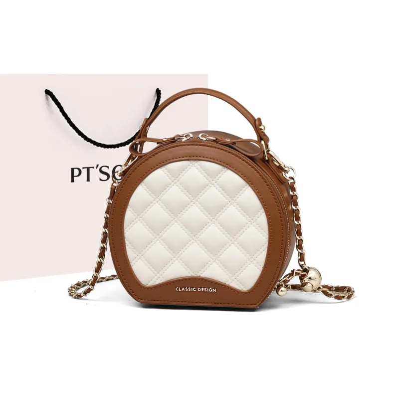 PT'SON Cow Leather With Synthetic Leather Handbag, Shoulder Bag, Crossbody Bag Regular Women's Beige White Brown-0