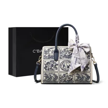 C°BANNER Split Cow Leather With Synthetic Leather One Shoulder Handbag Regular Women's Beige White Blue