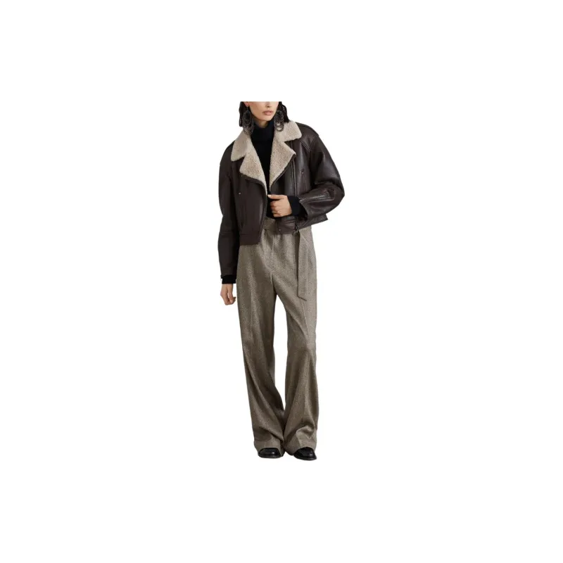 Brunello Cucinelli Shearling Collar Cropped Biker Jacket-1
