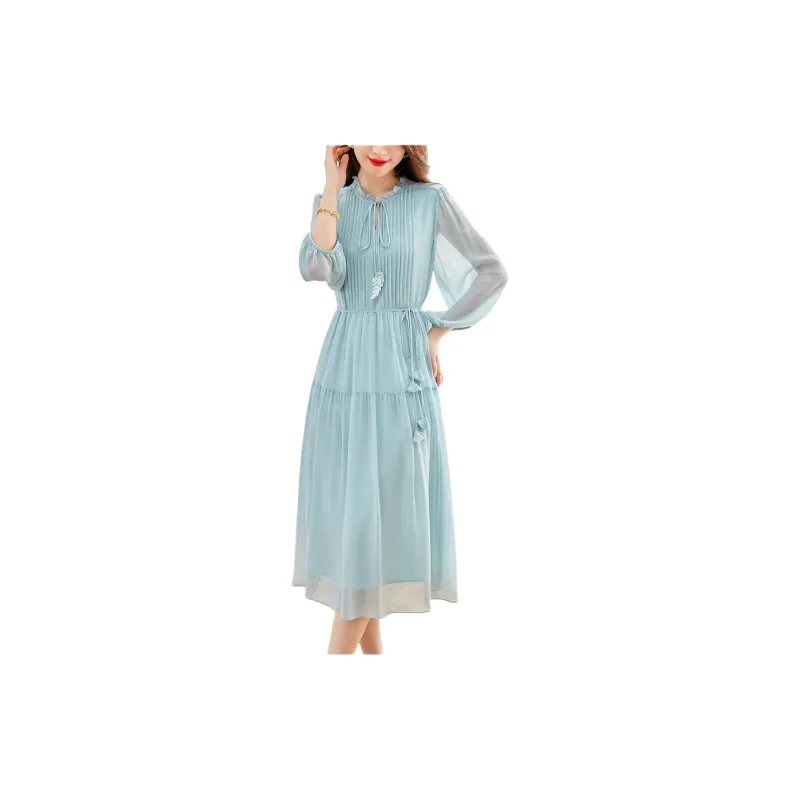 Yi Mengyuan Lace Up Silk Short Sleeved Dress Women's-1