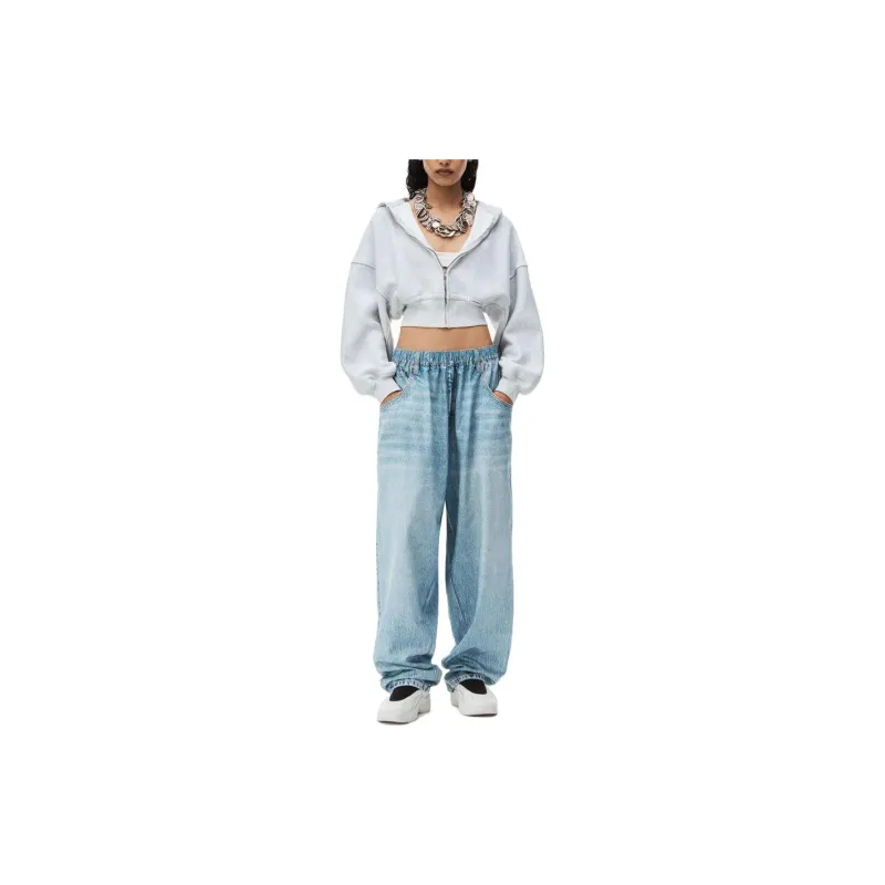 T By Alexander Wang Branded Seam Label Cropped Zip Up Hoodie Light Heather Grey-1