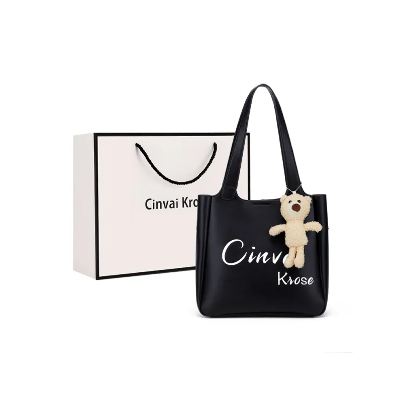 Simvay Clos Cow Leather Shoulder Bag Portable Tote Tote Shopping Bag Large Size Women's Classic Cool Black-0