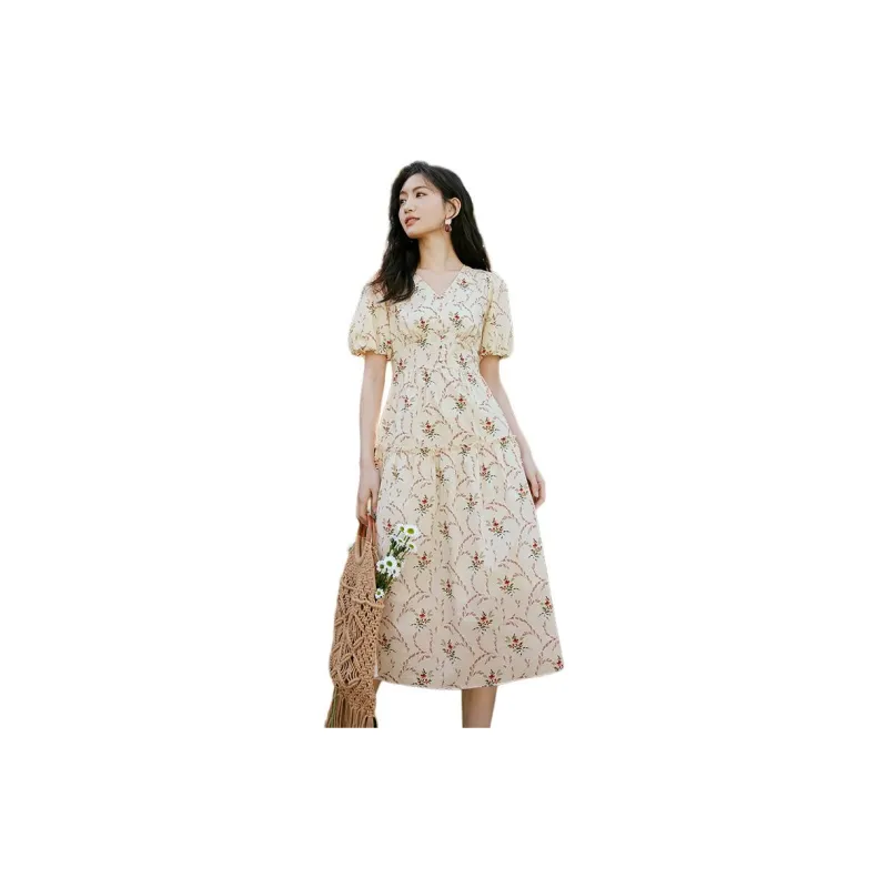 Hopeshow Short Sleeved Dress Women's Beige With Floral-1