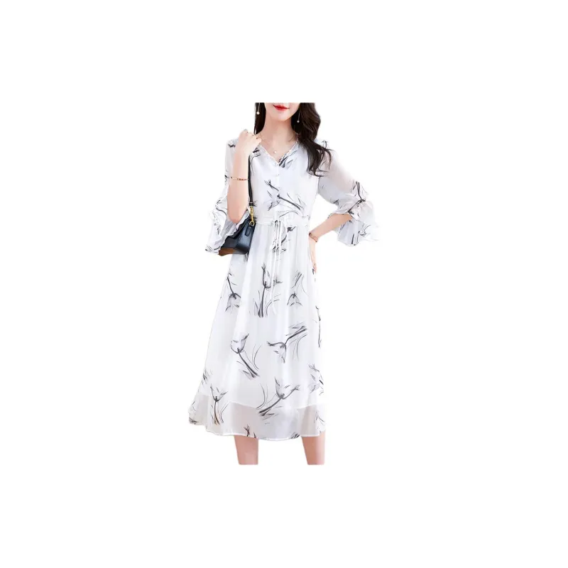 Yi Mengyuan Lace Up Silk Short Sleeved Dress Women's Multicolor-5