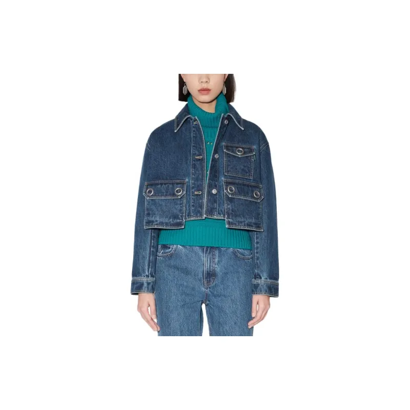CARVEN FW23 Lapel Fitted Straight Long-Sleeved Denim Jacket Women's Denim Blue-3
