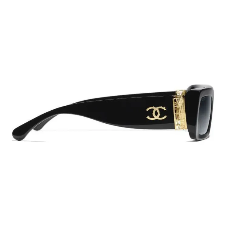 CHANEL Metal Resin Rectangular Sunglasses Unisex Black-3