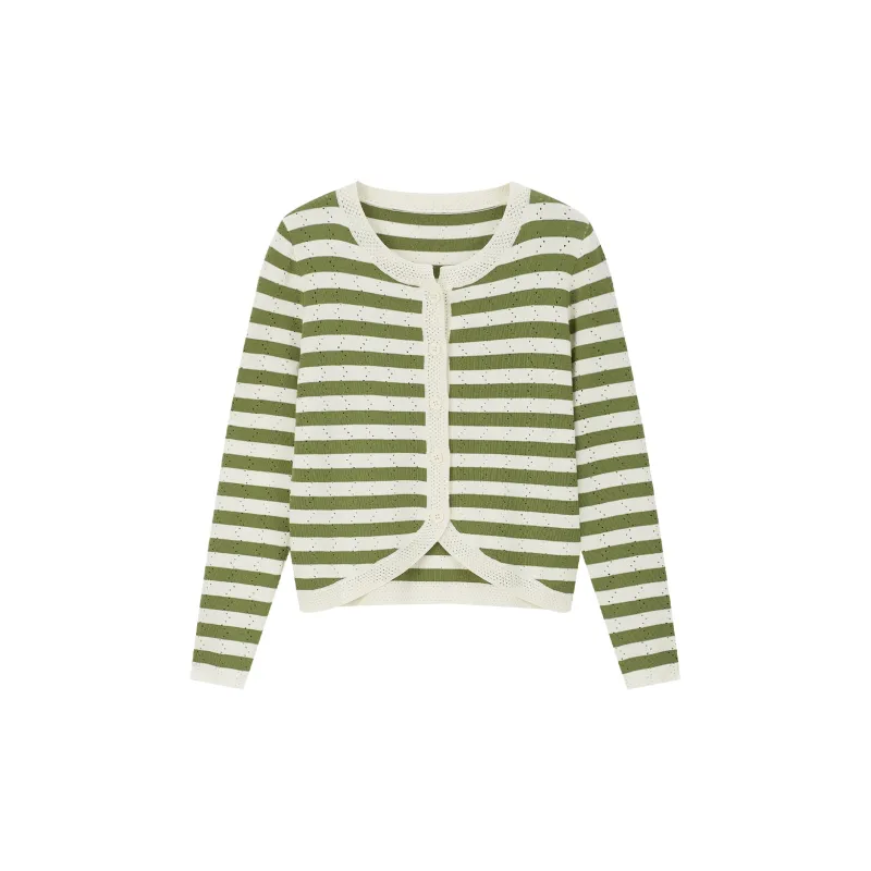 VIMLY Knitwear Women's Green White Stripes-1