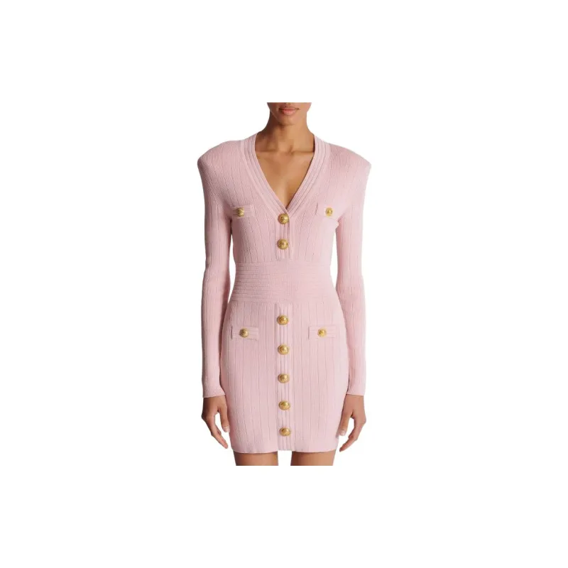 BALMAIN Logo Button Long Sleeved Mini Dress-2