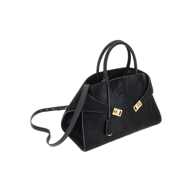 FERRAGAMO GANCINI Hammered Calfskin With Pony Leather Handbag Medium Size Women's Black-3