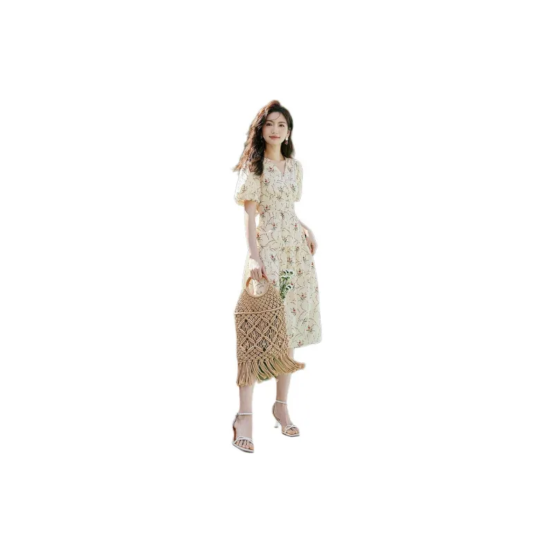 Hopeshow Short Sleeved Dress Women's Beige With Floral-3