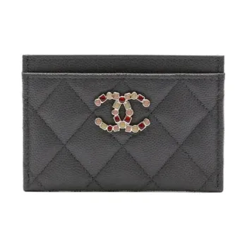 CHANEL Caviar Cow Leather Card Holder Women's Gray
