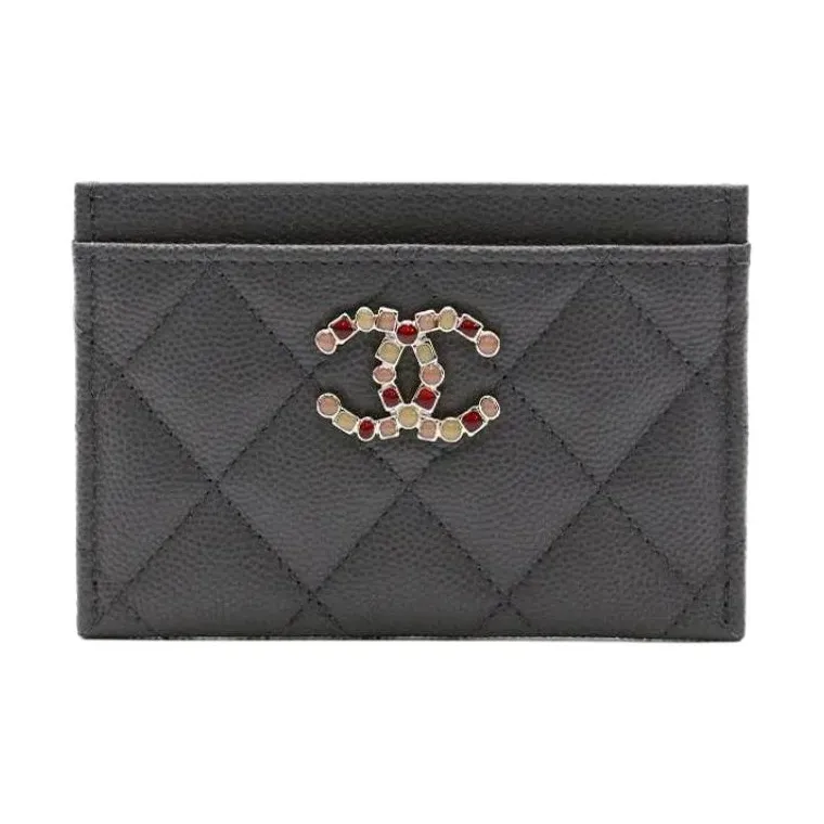 CHANEL Caviar Cow Leather Card Holder Women's Gray-0