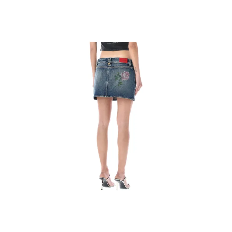 Alessandra Rich Rose print Denim Miniskirt-1