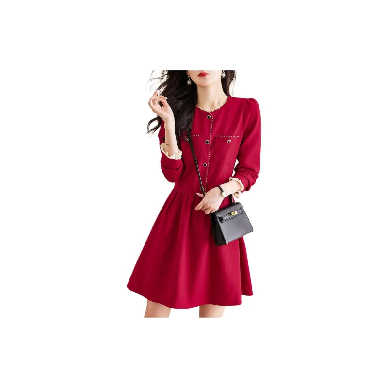 Still Quiet Long Sleeved Dress Women's Red-2