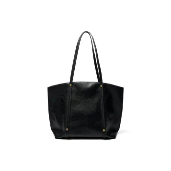 Simedin Cow Leather Shoulder Bag Large Size Women's Deep Black/Caramel Brown