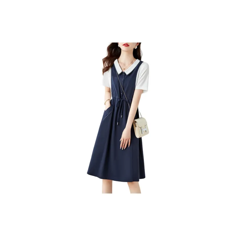 Mo Han Yi Mei Short Sleeved Dress Women's Navy Blue & White-1