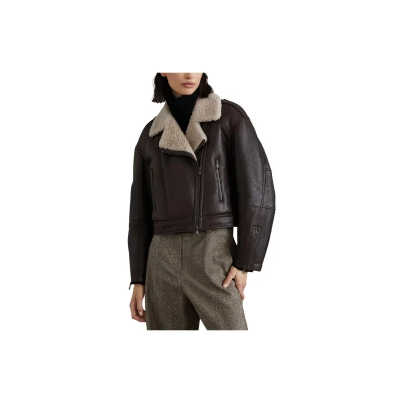 Brunello Cucinelli Shearling Collar Cropped Biker Jacket-3