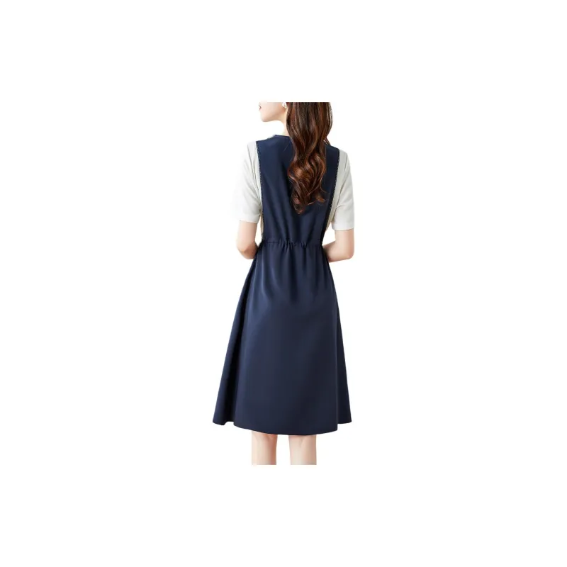 Mo Han Yi Mei Short Sleeved Dress Women's Navy Blue & White-2
