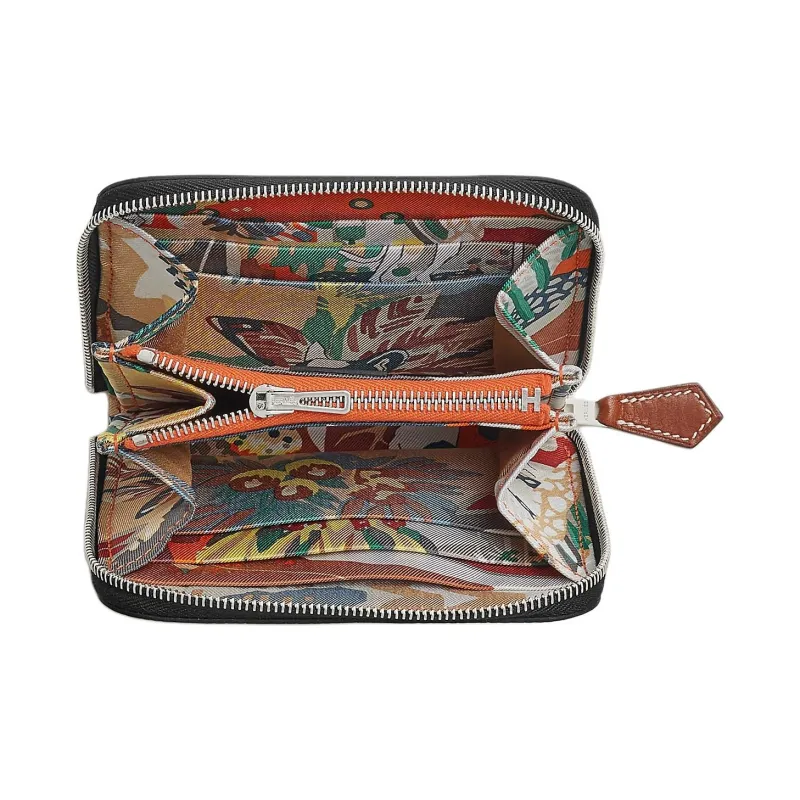 HERMES Silk'In Epsom With Barenia Calfskin Wallet Women's Black/Orange/Gray-1