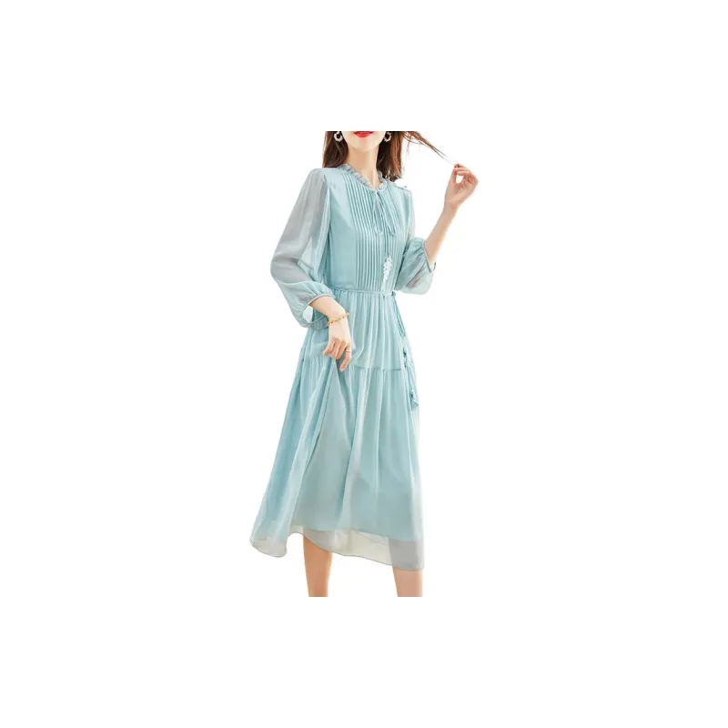 Yi Mengyuan Lace Up Silk Short Sleeved Dress Women's-4