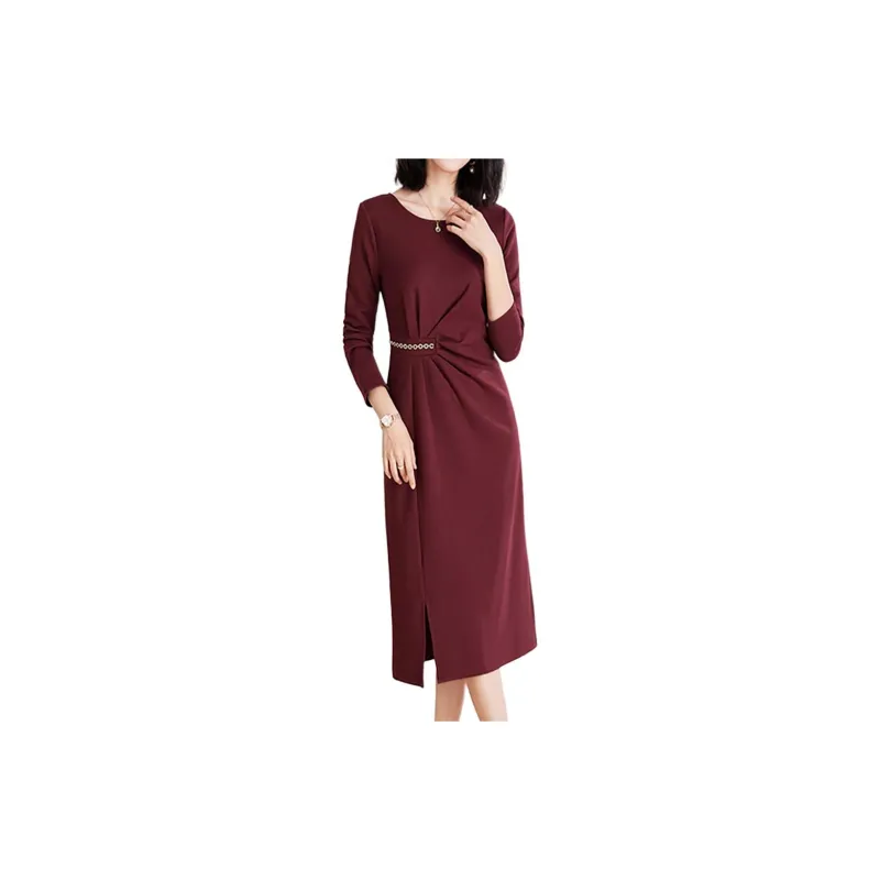 Mapping Long Sleeved Dresses Women's Burgundy-1