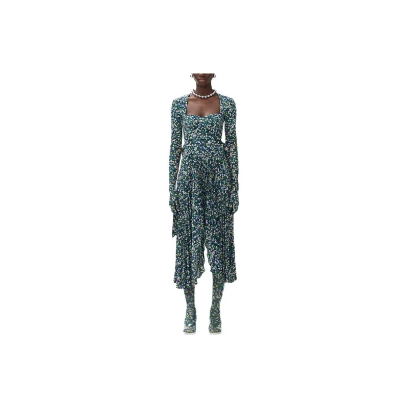 H&M Floral Printed Pleated Skirt Bright Blue/Floral-1