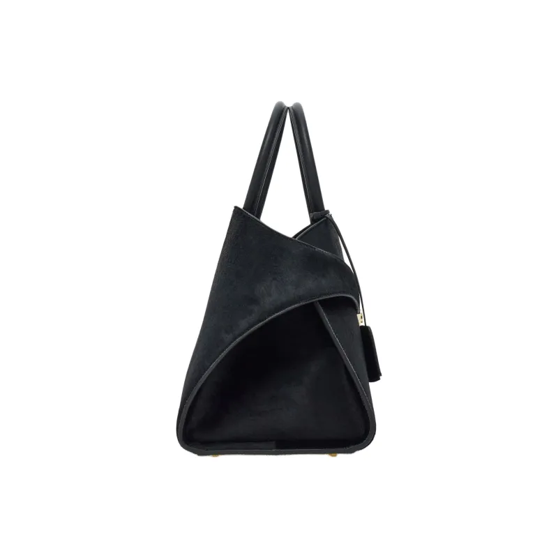 FERRAGAMO GANCINI Hammered Calfskin With Pony Leather Handbag Medium Size Women's Black-1
