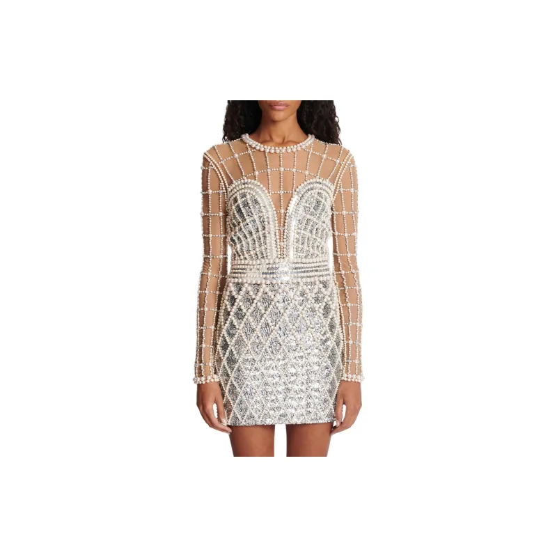 BALMAIN Pearl Embroidered Short Dress Long-Sleeved Dresses Women's Silver-2