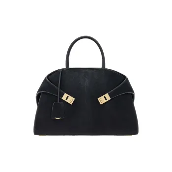 FERRAGAMO GANCINI Hammered Calfskin With Pony Leather Handbag Medium Size Women's Black