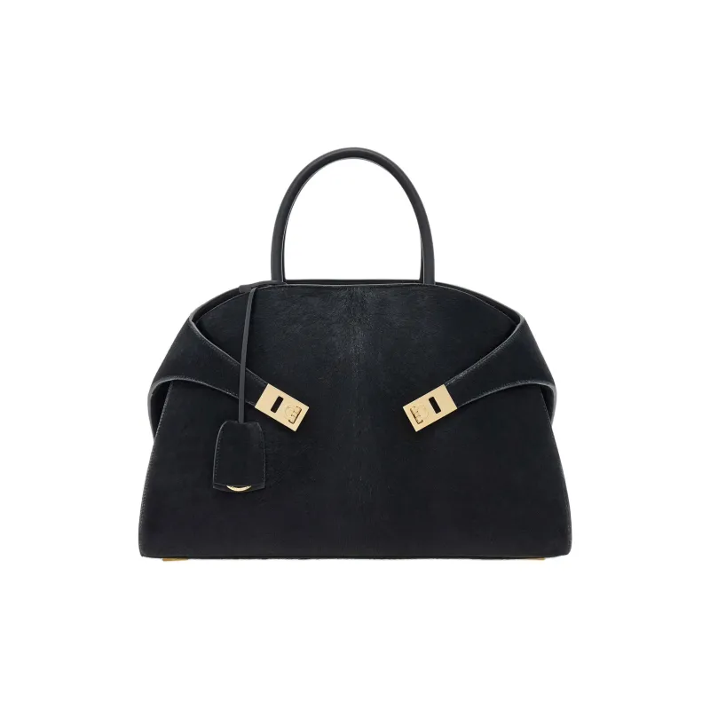 FERRAGAMO GANCINI Hammered Calfskin With Pony Leather Handbag Medium Size Women's Black-0