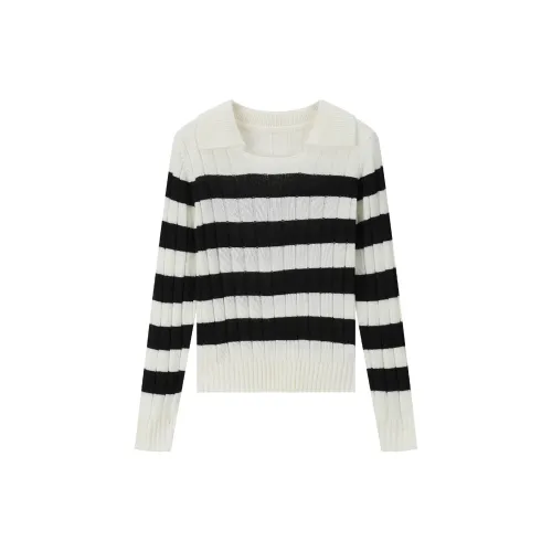 VIMLY Knitwear Women's White Base With Black Stripes