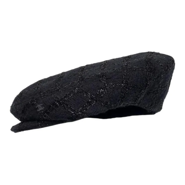 CHANEL Wool Cotton Berets Unisex Black-1