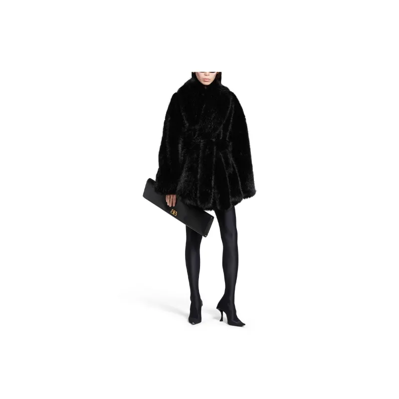 Balenciaga SS25 Velvet-feel Coat Loose Fit Style Women's Black-2