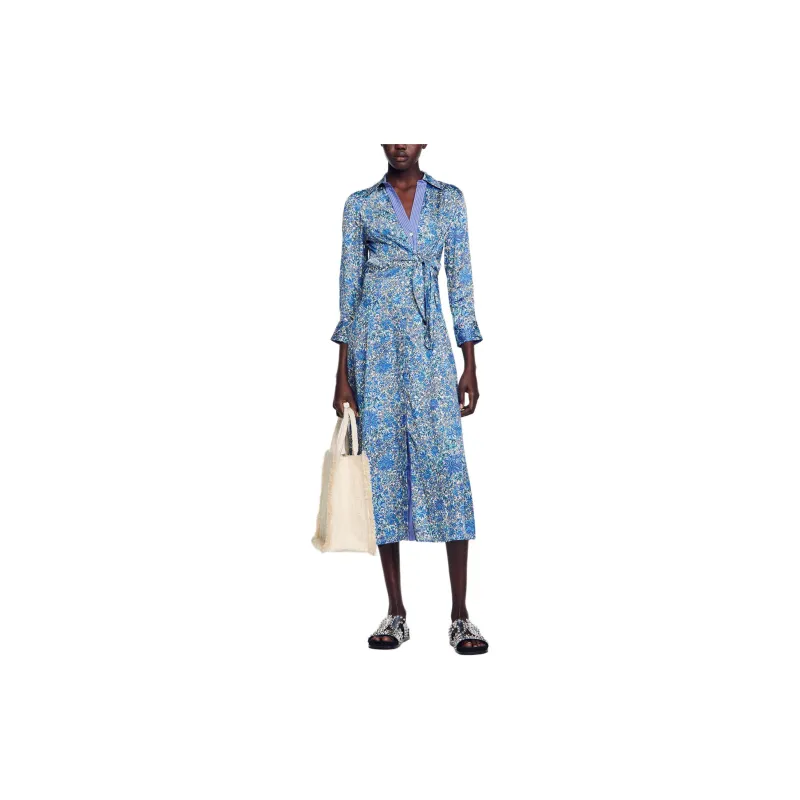 Sandro Long Sleeved Dress Women's Blue-1