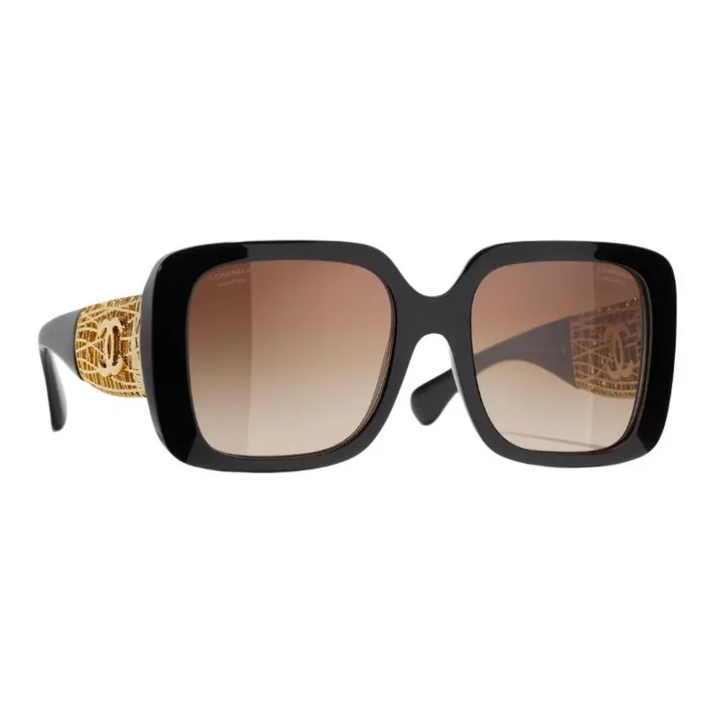 CHANEL Metal Resin Square Sunglasses Unisex Black-3