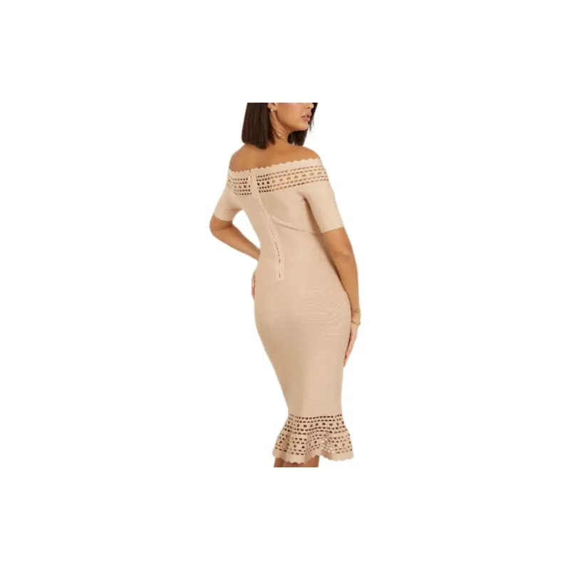 GUESS Off-Shoulder Mini Sweater Dress Short-Sleeved Dresses Women's Beige-2