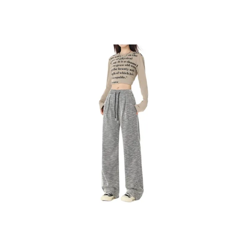 YINLEI Casual Pants Women's Black White Twill-1