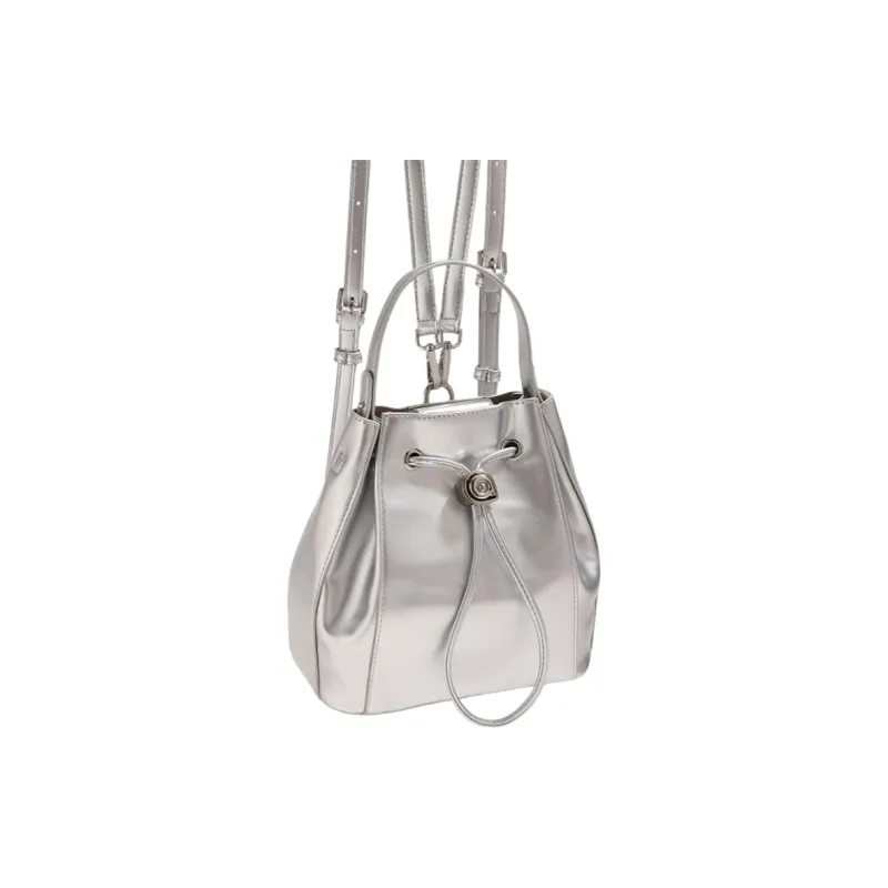 NOMK PU Backpack, Handbag, Bucket Bag Women's Ecru/Silver/Black-3